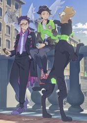  2girls against_railing amakara000 black-framed_eyewear black_hair black_hat black_jacket black_pants black_socks blush can closed_eyes closed_mouth collared_shirt corbeau_(pokemon) drink_can eyewear_strap glasses green_jacket hat highres holding holding_can jacket latias latios long_sleeves male_focus mega_ring mega_stone multiple_boys multiple_girls necktie on_railing open_clothes open_jacket open_mouth outdoors pants parted_hair patrat paxton_(pokemon) pokemon pokemon_(creature) pokemon_legends:_z-a purple_hair purple_shirt purple_shoes railing red_shoes round_eyewear shirt shoes short_hair short_sideburns sideburns sitting smile socks undercut white_necktie white_shirt yellow_eyes zygarde zygarde_(10) 