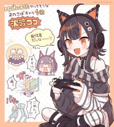  1girl :d ahoge animal_ear_headphones animal_ears arm_belt asymmetrical_legwear asymmetrical_sleeves bare_shoulders black_choker black_hair black_nails black_shoes black_sweater border cat_ear_headphones cat_ears character_name choker commentary controller eyeball_hair_ornament fake_animal_ears game_controller headphones highres holding holding_controller holding_game_controller long_sleeves looking_at_another loose_socks mahou_shoujo_no_majo_saiban multicolored_hair nail_polish off-shoulder_sweater off_shoulder open_mouth orange_border orange_eyes orange_nails orange_streaks rii_(metro_electro) sawatari_coco sharp_teeth shirt shoes short_hair single_bare_shoulder single_thighhigh skull slit_pupils smile socks speech_bubble streaked_hair striped_clothes striped_sleeves striped_thighhighs sweater teeth thigh-highs untranslatable_commentary white_background white_shirt 