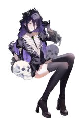  1girl absurdres black_dress black_gloves black_shoes black_thighhighs black_veil breasts chainsaw_man dress facial_mark gloves green_eyes hair_between_eyes highres invisible_chair juliet_sleeves long_sleeves medium_breasts medium_hair plunging_neckline puffy_sleeves purple_hair reze_(chainsaw_man) ribs shoes short_dress sitting skull solo teardrop_facial_mark thigh-highs tiara tokkieee_qian veil white_background 