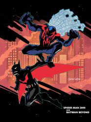  2boys absurdres animal_ears animal_print arm_blade artist_name bat_ears bat_print batman batman_(series) batman_beyond batman_symbol belt black_bodysuit black_theme blue_bodysuit blue_mask bodysuit building cape character_name city cityscape commentary_request copyright_name crossover dc_comics dynamic_pose english_text highres marvel_2099 mask multicolored_bodysuit multiple_boys rariatto_(ganguri) red_bodysuit red_cape searchlight skyscraper spider-man_(2099) superhero_costume terry_mcginnis twitter_username two-tone_bodysuit utility_belt weapon wingsuit 
