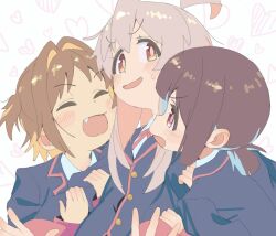  3girls :d ^_^ ahoge black_jacket blue_hair blush brown_eyes brown_hair closed_eyes colored_inner_hair double_arm_hug fang girl_sandwich hair_intakes heart highres hozuki_momiji jacket long_hair multicolored_hair multiple_girls nazonaji oka_asahi onii-chan_wa_oshimai! open_mouth orange_hair oyama_mahiro ponytail sandwiched school_uniform short_hair short_ponytail simple_background smile sweatdrop two-tone_hair two_side_up white_background yotsuba_university_affiliated_junior_high_school_uniform 