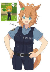  1girl alternate_costume animal_ears aqua_shirt belt belt_buckle black_belt black_shoes blue_eyes blue_pants blue_shirt blue_sleeves blue_vest blunt_bangs blush book breast_pocket bulletproof_vest buttons closed_mouth clothes_writing collared_shirt commentary_request couch cropped_legs cursor decorations door door_handle dot_nose double-parted_bangs emblem english_text eyelashes floor full_body game_screenshot_inset green_pillow green_stripes grey_belt hair_between_eyes hair_ornament hands_on_hips hands_on_own_hips highres horse_ears horse_girl horse_tail index_finger_raised indoors looking_at_viewer messy_hair mii_(nintendo) mismatched_sleeves nintendo open_mouth orange_hair orange_tail pants photo-referenced pillow pocket police police_badge police_uniform policewoman ponytail pouch reference_inset rug screenshot_inset screenshot_redraw shelf shoes short_hair short_sleeves sidelocks silver_belt simple_background smile solo speech_bubble spoken_ellipsis standing standing_on_one_leg star star-shaped_pillow star_(symbol) star_hair_ornament star_pillow star_print striped striped_print tachi-e taiki_shuttle_(umamusume) tail tomodachi_life tomodachi_life:_living_the_dream umamusume umayoude_su v-shaped_eyebrows vest white_background white_stripes white_vest wooden_floor yellow_shirt yellow_sleeves zipper zipper_pull_tab 