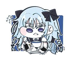  1girl :< artist_name assault_lily black_bow blue_background blue_hair blush bow braid chibi chibi_only closed_mouth commentary cropped_torso cup detached_sleeves fang fang_out flying_sweatdrops hair_bow hands_up holding holding_cup holding_saucer jewelry looking_at_object mayu_(yu_e1602) mori_tatsuki neck_ribbon purple_ribbon ribbon ring saucer shirt short_sleeves solo teacup trembling twin_braids two-tone_background upper_body v-shaped_eyebrows violet_eyes white_background white_shirt 