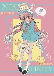  +++ 1girl ^_^ absurdres ahoge animal animal_on_head ankle_socks aqua_jacket aqua_skirt baby_animal bag beijiuxiong beret bird black_bow black_ribbon black_shoes blazer blue_bow blue_bowtie bow bow_legwear bowtie brooch brown_eyes buttons cat cat_hair_ornament cat_on_head character_name chick chinese_commentary cloak closed_eyes clothed_animal collared_jacket collared_shirt commentary_request crest cross-laced_clothes cross-laced_legwear dot_nose double-breasted ear_covers eyes_visible_through_hair full_body gifty_(nikki) hair_bow hair_ornament hair_ribbon hairclip handbag happy hat hat_bow hat_ornament highres holding holding_bag hood hood_up hooded_cloak infinity_nikki jacket jewelry knees lapels layered_sleeves light_blush loafers long_hair long_sidelocks long_sleeves looking_at_viewer low_twintails miniskirt momo_(nikki) musical_note nikki_(nikki) nikki_(series) notched_lapels on_head open_mouth outline parallel_hairclips pink_background pink_hair pleated_skirt red_bow red_bowtie revelation_crystal_(infinity_nikki) ribbon school_uniform shirt shoes sidelocks skirt sleeve_cuffs sleeves_past_wrists smile socks speech_bubble spoken_object standing star_(symbol) star_hat_ornament tareme thought_bubble traditional_bowtie treble_clef tress_ribbon twintails very_long_hair wavy_hair white_bag white_cat white_hat white_outline white_shirt white_socks yellow_cloak 