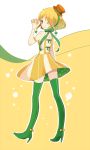  ayu_(mog) blonde_hair boots c.c._lemon c.c._lemon_(character) dress food fruit green_eyes green_legwear hat highres highres1girl lemon original personification short_hair smile solo thigh-highs thigh_boots thighhighs wink 