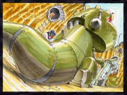  2boys bag behind-the-head_headphones black_border blue_eyes border brown_bag buck_teeth cliff commentary_request concept_art day dinosaur from_below furry furry_male headphones highres holding holding_wrench industrial_pipe lamppost looking_at_another looking_back mecha mole_(animal) multiple_boys non-humanoid_robot original outdoors peeking_out penguin_boy radio_antenna railroad_tracks red_eyes robot robot_animal rockhopper_penguin rope_ladder shibata_jun standing teeth traditional_media train wreckage wrench 