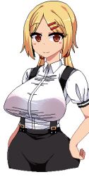  1girl black_skirt blonde_hair blush breasts brown_eyes closed_mouth collared_shirt cowboy_shot game_asset hair_ornament hand_on_own_hip ikeda_(kasutera) large_breasts large_variant_set long_hair looking_at_viewer low_twintails lowres non-web_source official_art parted_bangs pixel_art puffy_short_sleeves puffy_sleeves rio_(summer_memories) self-datamine shirt short_sleeves simple_background skirt smile solo standing summer_memories suspenders tachi-e tan transparent_background twintails variant_set 