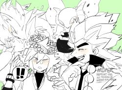  ! !! 2boys alder_(pokemon) animal_ears blush commentary_request fox_ears green_background greyscale_with_colored_background head_wreath highres idbze male_focus multiple_boys n_(pokemon) pokemon pokemon_(creature) pokemon_black_and_white thick_eyebrows upper_body volcarona watermark zoroark 