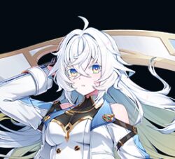 1girl ahoge aqua_coat aqua_eyes aqua_jacket aqua_sleeves arm_up bare_shoulders belt belt_buckle black_background black_belt black_gloves blue_coat blue_eyes buttons chakram cleavage closers clothing_cutout coat collar collared_shirt colored_eyelashes colored_lapels commentary_request cropped_jacket crossed_bangs dress floating_hair gloves gold gold_buttons gold_necklace gold_trim grin hair_between_eyes hair_intakes jacket lapels long_hair long_sleeves looking_at_viewer lowres mois_(closers) moon moon_necklace multicolored_eyes necklace non-web_source official_art parted_lips pink_eyes see-through see-through_clothes see-through_dress shoulder_cutout sidelocks teeth upper_body white_dress white_eyelashes white_hair white_pupils yellow_eyes