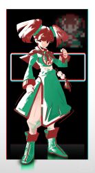  1girl black_hair boots cape clenched_hand dougi dragon_quest dragon_quest_iii full_body highres limited_palette long_sleeves martial_artist_(dq3) pants sash shakeeeeeeeee short_twintails solo sprite twintails 