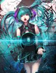  aqua_hair bad_id bare_shoulders detached_sleeves hatsune_miku headset jname long_hair megaphone open_mouth red_eyes skirt solo twintails vocaloid 