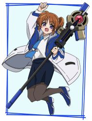 1girl :d arm_up artist_request black_pantyhose black_skirt blue_coat blue_necktie blue_shoes border brown_hair coat coat_lift collared_shirt commentary floating_neckwear full_body green_background high_side_ponytail highres holding holding_staff jumping long_sleeves looking_at_viewer low_block_heels lyrical_nanoha mage_staff mahou_shoujo_lyrical_nanoha_exceeds:_gun_blaze_vengeance multicolored_coat necktie open_mouth pantyhose pencil_skirt raising_heart shirt shoes short_hair side_ponytail simple_background skirt skirt_suit smile solo staff suit takamachi_nanoha two-tone_coat untranslatable_commentary violet_eyes white_border white_coat white_shirt wispy_bangs 