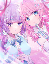  2girls absurdres blue_bow blue_bowtie blue_eyes blunt_bangs blurry blurry_foreground blush bow bowtie breasts chibana_sora collared_shirt commentary depth_of_field frills gun hair_bow hair_ornament hairclip handgun heart heart_hair_ornament highres holding holding_gun holding_weapon large_breasts long_hair long_sleeves looking_at_viewer multiple_girls original parted_lips pink_bow pink_hair purple_hair school_uniform shirt short_hair striped_bow sweater sweater_vest twintails upper_body violet_eyes weapon white_shirt wing_hair_ornament yami_kawaii 