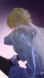  1boy absurdres alien_stage back barefoot black_pants blonde_hair colored_extremities colored_eyelashes commentary emalfire from_behind hand_on_own_back highres luka_(alien_stage) male_focus pants shirt short_hair sitting solo very_short_hair white_shirt yellow_eyes 