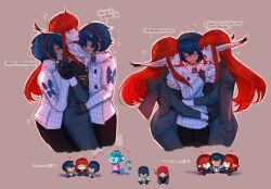  2boys 2girls absurdres blunt_bangs blush clone_harem cropped_legs hairband highres hug hulkenberg_(metaphor:_refantazio) long_hair metal_hairband metaphor:_refantazio multiple_boys multiple_girls patterned_clothing protagonist_(metaphor:_refantazio) red_hair simple_background smile twinklelitchii very_long_ears 