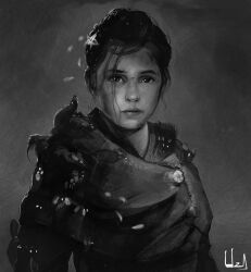  1girl a_plague_tale absurdres amicia_de_rune animal_on_shoulder artist_name capelet closed_mouth expressionless freckles grey_background greyscale highres lips looking_at_viewer monochrome mouse_(animal) mouse_on_shoulder nose realistic short_hair signature solo upper_body uzali_art 