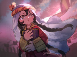  adachi_yousuke banner black_hair blue_hijab book braid clouds cloudy_sky collared_robe commentary_request highres hijab holding holding_book horseback_riding multicolored_eyes multiple_braids red_robe riding robe signature silhouette sitara sky sleeve_cuffs tenmaku_no_jaadugar tri_braids two-tone_eyes 