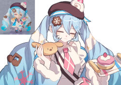  1girl :3 apron blue_dress blue_hair blush brown_hat closed_eyes closed_mouth commentary_request cookie_hair_ornament double-parted_bangs dress food food-themed_hair_ornament hair_between_eyes hair_ornament hat hatsune_miku highres long_hair long_sleeves macaron necktie pink_necktie reference_inset simple_background solo suj278 twintails upper_body very_long_hair vocaloid white_apron white_background wide_sleeves yuki_miku yuki_miku_(2026) 