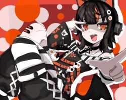  1girl absurdres animal_ear_headphones animal_ears arm_belt asymmetrical_legwear asymmetrical_sleeves bandaid bandaid_on_leg bare_shoulders bat_wings belt black_choker black_hair black_nails black_sweater cat_ear_headphones cat_ears choker commentary_request cross-laced_clothes cross-laced_dress dress dxl9po eyeball_hair_ornament fake_animal_ears headphones highres layered_dress leg_belt long_sleeves looking_at_viewer loose_socks mahou_shoujo_no_majo_saiban multicolored_hair nail_polish off-shoulder_sweater off_shoulder open_mouth orange_background orange_eyes orange_nails orange_streaks sawatari_coco sharp_teeth shirt short_hair single_bare_shoulder single_thighhigh skirt skull smile socks solo streaked_hair striped_clothes striped_sleeves striped_thighhighs stuffed_animal stuffed_cat stuffed_toy sweater teeth thigh-highs v v_over_eye white_shirt white_skirt wings 