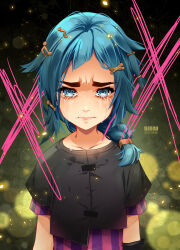  1girl arcane:_league_of_legends artist_name black_shirt blue_eyes blue_hair braid child commentary crying crying_with_eyes_open diagonal_bangs english_commentary freckles furrowed_brow hair_ornament hairclip highres jinx_(league) kishishiotani league_of_legends looking_at_viewer medium_hair messy_hair powder_(arcane) shirt shirt_under_shirt short_sleeves single_braid solo striped_clothes striped_shirt tears upper_body 