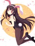  animal_ears ass bare_shoulders black_hair black_legwear bowtie breasts brown_hair brown_legwear bunny_ears bunny_girl bunny_tail bunnysuit detached_collar fake_animal_ears high_heels houraisan_kaguya leotard long_hair looking_at_viewer looking_back pantyhose rabbit_ears red_eyes shoes smile solo star star-shaped_pupils symbol-shaped_pupils tail touhou very_long_hair yamasan 