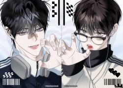  1boy 2boys 8jhyfrhnkokhwjh bandaid bandaid_on_face bandaid_on_nose black_hair blue_eyes brown_eyes brown_hair checkered_floor earphones glasses headphones headphones_around_neck high_collar highres jacket looking_at_viewer male_focus multiple_boys open_mouth original paw_pose short_hair striped_clothes striped_jacket upper_body 