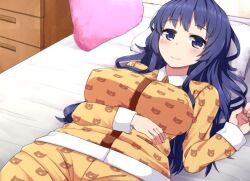  1girl bed_sheet bedroom blue_eyes blue_hair blush breasts closed_mouth collared_shirt dutch_angle game_asset hand_up ikeda_(kasutera) large_breasts large_variant_set long_hair long_sidelocks long_sleeves looking_at_viewer lying morning non-web_source official_art on_back pajamas pants pillow pixel_art self-datamine shirt sidelocks smile solo summer_memories variant_set visual_novel_cg yui_(summer_memories) 