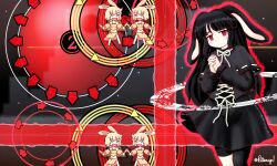  5girls absurdres animal_ears asayuba black_capelet black_hair black_shirt black_skirt blonde_hair capelet clone closed_mouth commentary cowboy_shot dancer_rabbit danmaku english_commentary floppy_ears highres laser long_hair long_sleeves looking_at_viewer multiple_girls open_mouth rabbit_and_steel rabbit_ears rabbit_girl ribbon-trimmed_capelet ribbon_trim shirt short_hair skirt solo_focus spell_manifest 