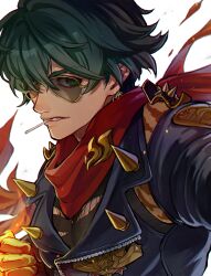  1boy black_jacket black_shirt candy clenched_teeth commentary_request fire food food_in_mouth gloves green_eyes green_hair hair_over_one_eye highres jacket leather leather_jacket lighter_(zenless_zone_zero) lollipop lollipop_in_mouth looking_at_viewer male_focus parted_lips portrait pyms11zzz red_pupils red_scarf scarf shirt short_hair shoulder_spikes simple_background solo spiked_jacket spikes studded_gloves studs sunglasses teeth torn_clothes torn_scarf torn_shirt v-shaped_eyebrows white_background zenless_zone_zero zipper 