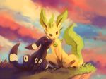  absurdres cliff couple creature grass hand_between_legs highres leaf leafeon no_humans pokemon pokemon_(creature) purplekecleon red_eyes sitting sky umbreon 