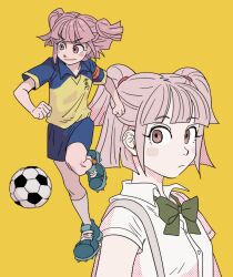  1girl aqua_shoes ball blue_shorts blush_stickers bow bowtie closed_mouth commentary green_bow green_bowtie inazuma_eleven_(series) inazuma_eleven_go kh_1012 kisaragi_mako long_hair multiple_views pink_eyes pink_hair raimon raimon_soccer_uniform shirt shoes short_sleeves shorts soccer_ball soccer_uniform socks sportswear twintails two_side_up white_shirt white_socks yellow_background yellow_shirt 