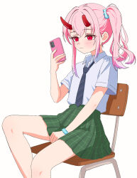  1girl :| asymmetrical_sidelocks between_legs blue_necktie blue_scrunchie blush broken_horn cellphone chair closed_mouth collared_shirt commentary diagonal-striped_clothes diagonal-striped_necktie flat_chest gori_wakamaru gradient_hair green_skirt gyaru hair_between_eyes hair_ornament hair_scrunchie hand_between_own_legs highres holding holding_phone horns indie_virtual_youtuber iphone kanehira_ame multicolored_hair necktie phone pink_hair pleated_skirt purple_hair red_eyes red_horns school_chair scrunchie shirt short_sleeves side_ponytail sidelocks simple_background sitting skirt smartphone smartphone_case solo striped_clothes striped_necktie virtual_youtuber white_background white_shirt wrist_scrunchie 