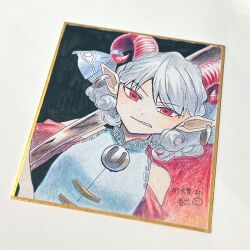  1girl astellsora blue_bow blue_shirt bow chinese_clothes commentary_request detached_sleeves earrings goat_horns grey_hair highres holding hoop_earrings horizontal_pupils horn_bow horn_ornament horns jewelry meandros oversized_object photo_(medium) pointy_ears red_eyes red_sleeves sharp_teeth shirt short_hair sleeveless sleeveless_shirt solo sunken_fossil_world teeth touhou toutetsu_yuuma traditional_media 