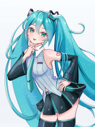  1girl absurdres aqua_belt aqua_eyes aqua_hair aqua_nails aqua_necktie aqua_trim belt black_sleeves breasts character_name_tattoo commentary_request detached_sleeves grey_shirt hair_between_eyes hair_ornament hand_on_own_chin hatsune_miku hatsune_miku_(vocaloid6) heart heart_hair_ornament highres long_hair looking_at_viewer maarin_(59567861) nail_polish navel necktie number_tattoo shirt shoulder_tattoo sleeveless sleeveless_shirt small_breasts solo tattoo thigh-highs tongue tongue_out twintails very_long_hair vocaloid wide_sleeves wing_collar zettai_ryouiki 