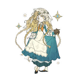  1girl apron aqua_dress bingningshui_zhizaoji black_shoes braid brown_eyes brown_hair closed_mouth deformed dot_mouth dress everecho_(reverse:1999) full_body hair_ornament hand_puppet heterochromia highres holding_own_dress holding_puppet long_hair looking_at_viewer multiple_braids no_pupils puppet quad_braids reverse:1999 shoes simple_background solo veil very_long_hair white_apron white_background white_veil 
