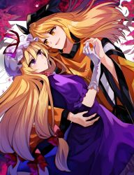  2girls arm_around_another's_waist black_hat blonde_hair bow closed_mouth commentary_request detached_sleeves dress dutch_angle elbow_gloves eye_contact gloves hair_between_eyes hair_bow hat hat_ribbon highres katayama_kei long_hair long_sleeves looking_at_another matara_okina mob_cap multiple_girls orange_sleeves orange_tabard puffy_short_sleeves puffy_sleeves purple_dress red_bow red_ribbon ribbon shirt short_sleeves smile tabard touhou very_long_hair violet_eyes white_gloves white_hat white_shirt wide_sleeves yakumo_yukari yellow_eyes 