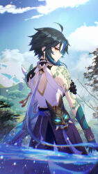  1boy absurdres aqua_hair arm_tattoo back black_gloves black_hair black_mask black_pants chinese_commentary closed_mouth commentary_request genshin_impact gloves green_gloves highres liangji_uu looking_back male_focus mask multicolored_hair pants shirt short_hair solo tattoo white_shirt xiao_(genshin_impact) yellow_eyes 