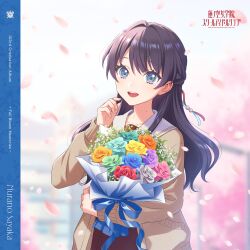  1girl absurdres album_cover aqua_flower aqua_rose black_hair blue_eyes blue_flower blue_robe blue_rose blurry blurry_background bouquet braid brown_cardigan brown_dress cardigan character_name cherry_blossoms commentary copyright_logo cover cowboy_shot day dress english_commentary english_text falling_petals flower graduation green_flower green_rose grey_flower grey_rose hair_intakes half_up_braid half_updo hasu_no_sora_school_uniform highres holding holding_bouquet logo long_hair long_sleeves looking_at_viewer love_live! love_live!_hasu_no_sora_jogakuin_school_idol_club mole mole_on_neck morikura_en murano_sayaka official_art open_cardigan open_clothes orange_flower orange_rose outdoors petals pink_flower pink_petals pink_rose pleated_dress purple_flower purple_rose red_flower red_rose robe rose sailor_collar sailor_dress school_uniform solo virtual_graduation_commemoration virtual_youtuber white_sailor_collar winter_uniform yellow_flower yellow_rose 