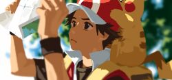  1boy backpack bag black_shirt brown_hair highres holding holding_map male_focus map pikachu pokemon pokemon_firered_and_leafgreen red_(pokemon) red_vest shirt sunlight tangi_ver tree vest wristband yellow_bag yellow_fur 