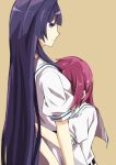  a1iou aim between_breasts hirose_sumire hug long_hair miyanaga_teru multiple_girls pink_hair purple_hair saki short_hair yuri 