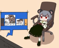  1girl animal_ear_fluff animal_ears bastardkuzu bored brown_background chair commentary_request controller cookie_(touhou) dress full_body game_controller green_dress green_shoes grey_hair holding holding_controller holding_game_controller long_sleeves monster_hunter_(series) mouse_ears mouse_girl nazrin nyon_(cookie) office_chair open_mouth red_eyes shirt shoes short_hair simple_background sitting slouching solo swivel_chair television touhou white_shirt 