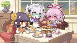  3girls bare_shoulders black_gloves black_hair cake cake_slice chibi chibi_only closed_mouth couch cup dark-skinned_female dark_skin food gloves green_eyes grey_hair heaven_burns_red highres holding holding_kettle kettle key_(company) li_yingxia macaron multiple_girls official_art on_couch open_mouth orange_eyes pink_eyes pink_hair short_hair sitting sugawara_chie table tea_party teacup tsukishiro_monaka twintails 