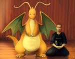  claws closed_eyes commentary dragon dragonite glasses highres indoors japanese_clothes kendo kneeling lips male nostrils original pokemon pokemon_(creature) purplekecleon realistic standing western_dragon wooden_floor wooden_wall 
