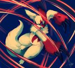  angry blue_background claws commentary fangs full_body highres jumping motion_lines no_humans pokemon pokemon_(creature) purple_eyes purplekecleon scowl signature simple_background violet_eyes zangoose 
