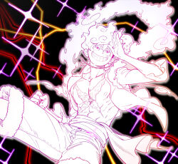 1boy absurdres black_background fur-trimmed_shorts fur_trim gear_fifth grin hagoromo hat highres male_focus monkey_d._luffy monochrome nipples one_piece open_clothes open_shirt pectorals qkdrkqkdrks2 sash scar scar_on_chest scar_on_face shawl shirt short_hair shorts smile solo straw_hat 