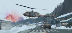 1boy absurdres aircraft bad_link car crosswalk explosion helicopter highres japan japan_air_self-defense_force japan_ground_self-defense_force japan_self-defense_force military motor_vehicle original patria_amv police_car road snow tree uh-1_iroquois utility_pole vehicle_focus vehicle_request venguard 