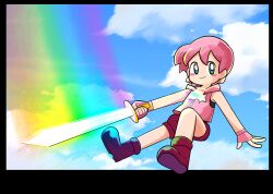  1boy blush_stickers boots closed_mouth commentary_request fingerless_gloves full_body gloves hood hood_down hooded_shirt kirby kirby_(series) letterboxed looking_at_viewer male_focus no_nose personification pink_hair pink_shirt rainbow shirt shorts sleeveless smile yama_guriko 