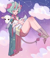  1girl :< animal baby_animal bad_source bob_cut closed_eyes clouds colored_skin constellation demon_girl demon_tail flower full_body green_hair green_robe hair_flower hair_ornament holding holding_animal horns lamb lips open_mouth original pink_flower pink_horns pink_skin pink_tail robe sheep shinjis shirt solo striped_underwear tail yellow_shirt 