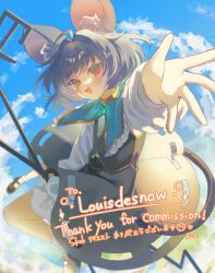  1girl absurdres animal_ear_fluff animal_ears artist_name bloomers blue_capelet blue_sky capelet clouds commentary commission commissioner_name day diamond_brooch dowsing_rod english_commentary grey_hair grey_skirt grey_vest highres holding long_sleeves looking_at_viewer mouse_ears mouse_girl mouse_tail nazrin open_mouth reaching reaching_towards_viewer red_eyes second-party_source short_hair skeb_commission skirt sky smile solo tail torii touhou translation_request vest white_bloomers yoshino_(q_sci) 