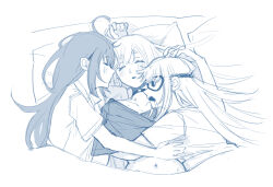  2girls blush cho_kaguya-hime! choker cuddling girl_sandwich greyscale hickey hinagi_(fox_priest) kaguya_(cho_kaguya-hime!) monochrome multiple_girls open_mouth parted_lips pillow runami_yachiyo sakayori_iroha saliva saliva_trail sandwiched shirt sleep_mask sleeping thick_eyebrows under_covers yuri 